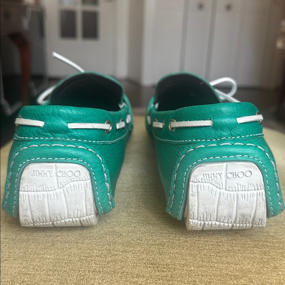 Jimmy Choo Men\'s Green Leather Loafers Moccasins with White Accents Size US 13 main image 11